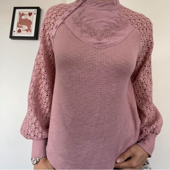 FREE PEOPLE Sweetest Thing Crochet Lace L/S Blush Sweater SZ: L - Picture 2 of 5
